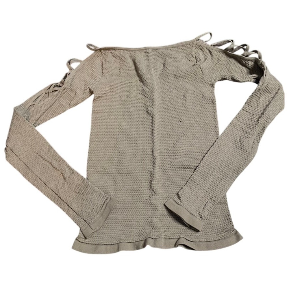 Free People‎ Intimately Ribbed Cutout Cold Shoulder Long Sleeve Top Tan XS/S